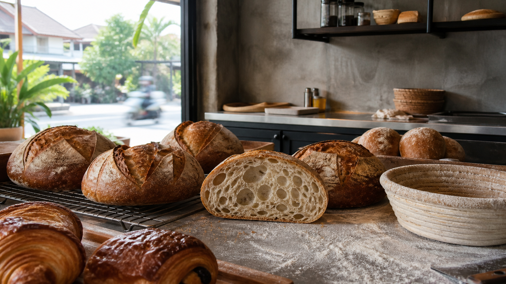 Ilustrasi sourdough dan pastry di bakehouse industrial Berawa
