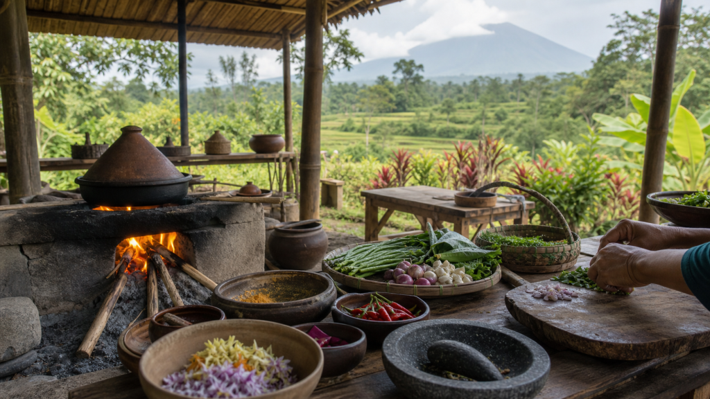 Ilustrasi dapur kayu dan bahan lokal dalam lanskap Karangasem