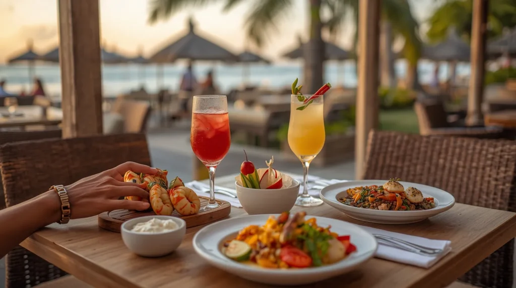 Ilustrasi editorial suasana kuliner untuk artikel tentang COSTA - Beach Restaurant Sanur