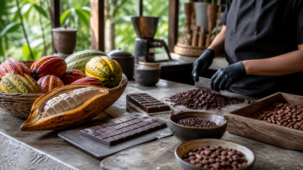 Ilustrasi perjalanan kakao Indonesia dari buah hingga cokelat batangan