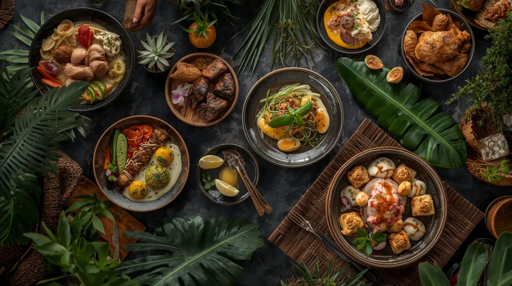 Ilustrasi editorial suasana kuliner untuk artikel tentang Kaum Bali