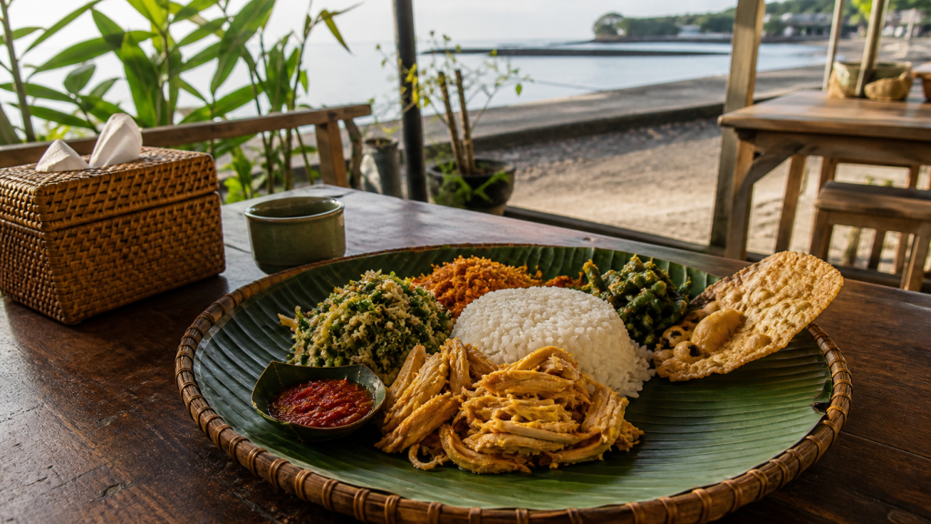 Ilustrasi nasi campur ayam Bali untuk sarapan di Sanur