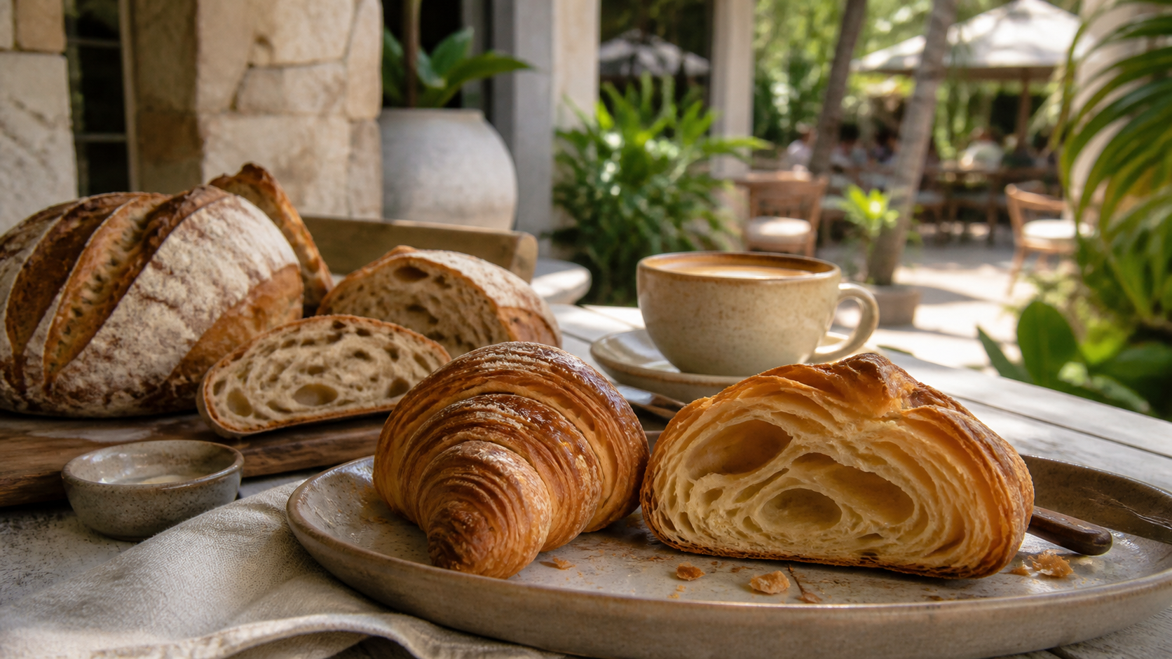 Ilustrasi croissant berlapis dan kopi di bakery tropis Bali