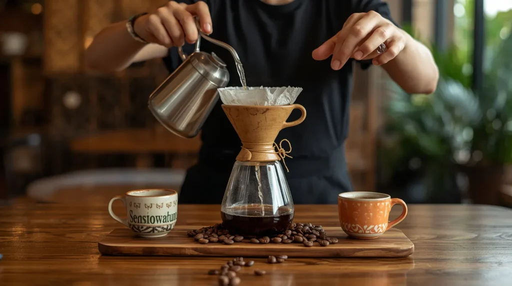 Ilustrasi editorial suasana kuliner untuk artikel tentang Seniman Coffee Ubud