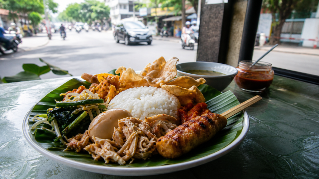Ilustrasi nasi campur Bali di warung perkotaan Denpasar